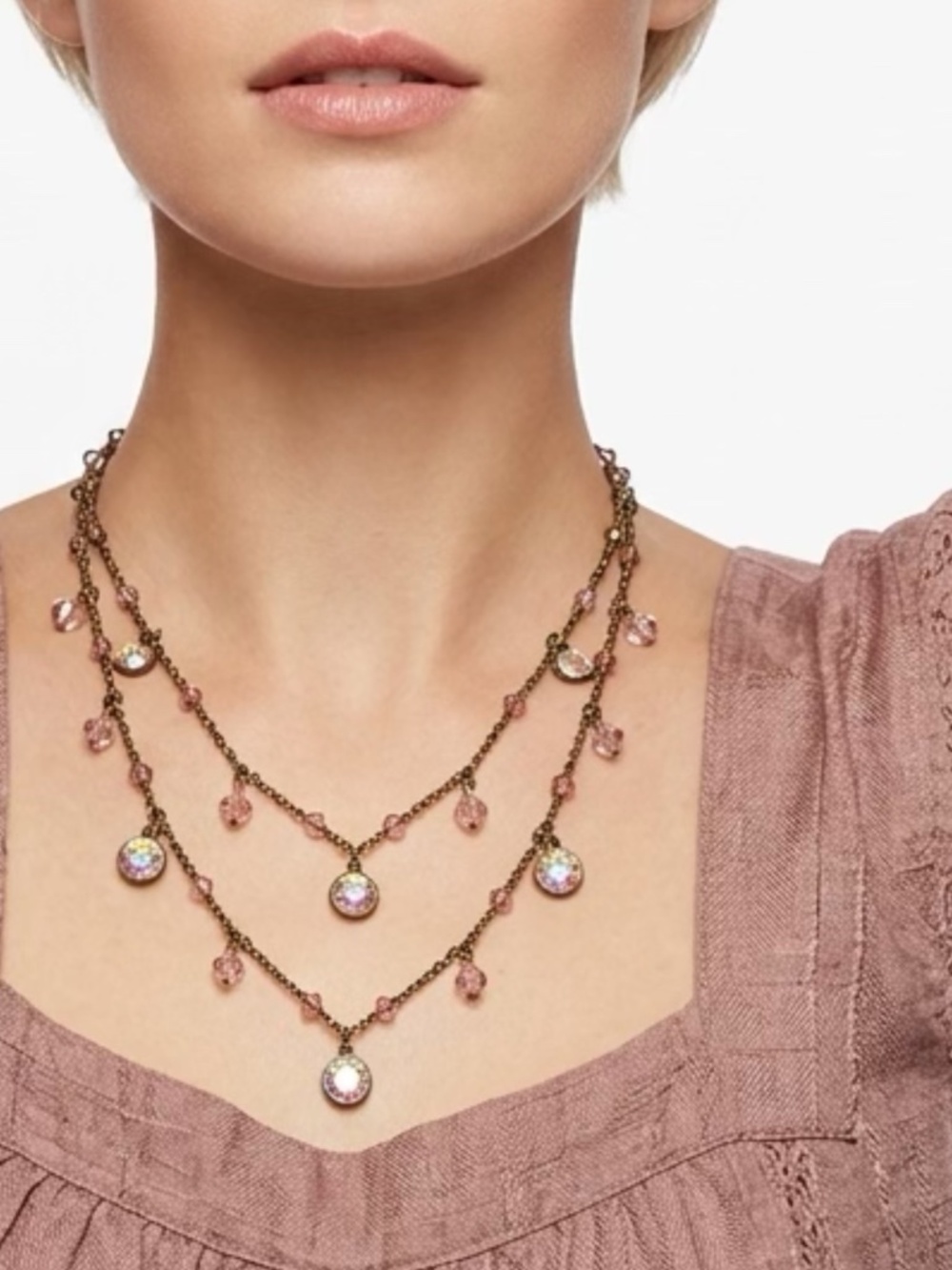 Liz Palacios Bronze  Long Pink Crystal Necklace
